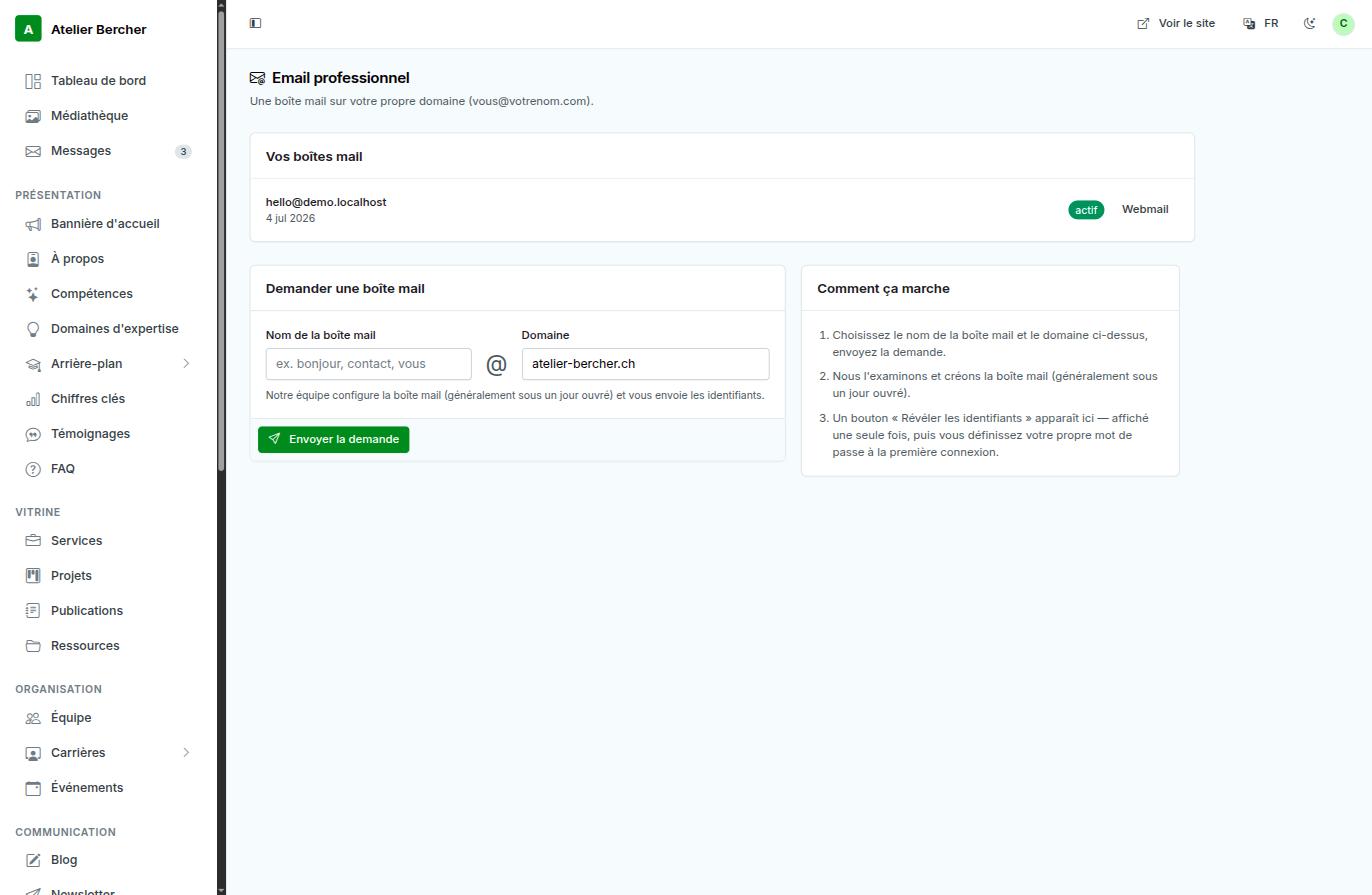 Der Bildschirm Geschäfts-E-Mail: Ihre Postfächer, das Anfrageformular und die drei erklärten Schritte.